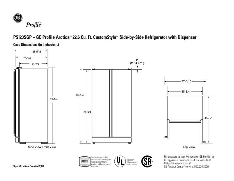 Page 1 of the manual Technical Sheet GE PSI23SGPBS