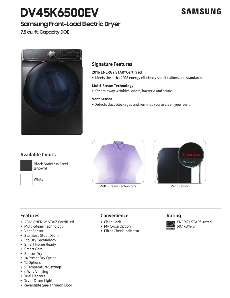 Página 1 del manual Ficha técnica Samsung DV45K6500E