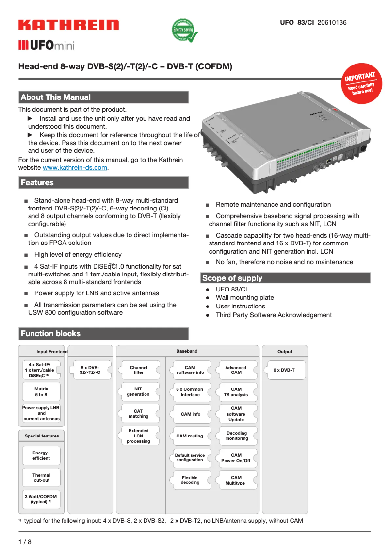 Page 1 de la notice Manuel utilisateur Kathrein UFO 83/CI