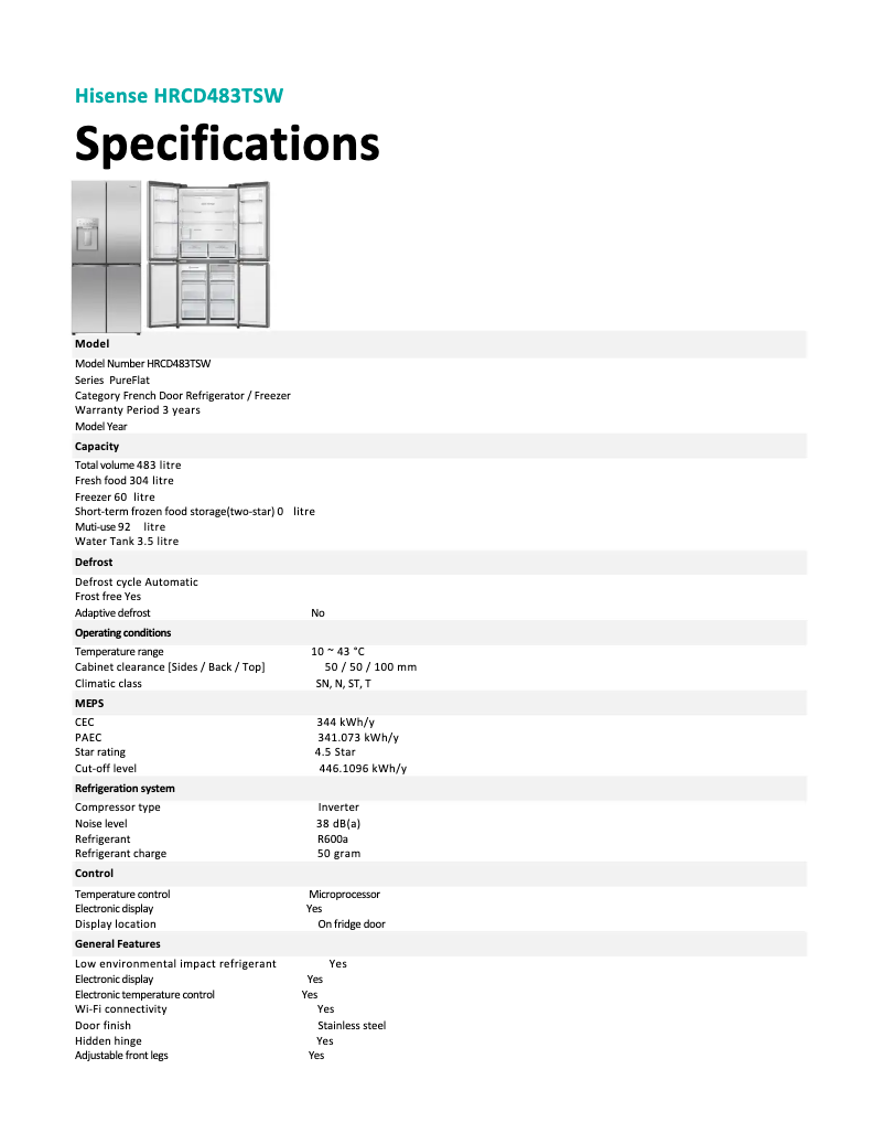 Page 1 de la notice Fiche technique Hisense HRCD483TSW