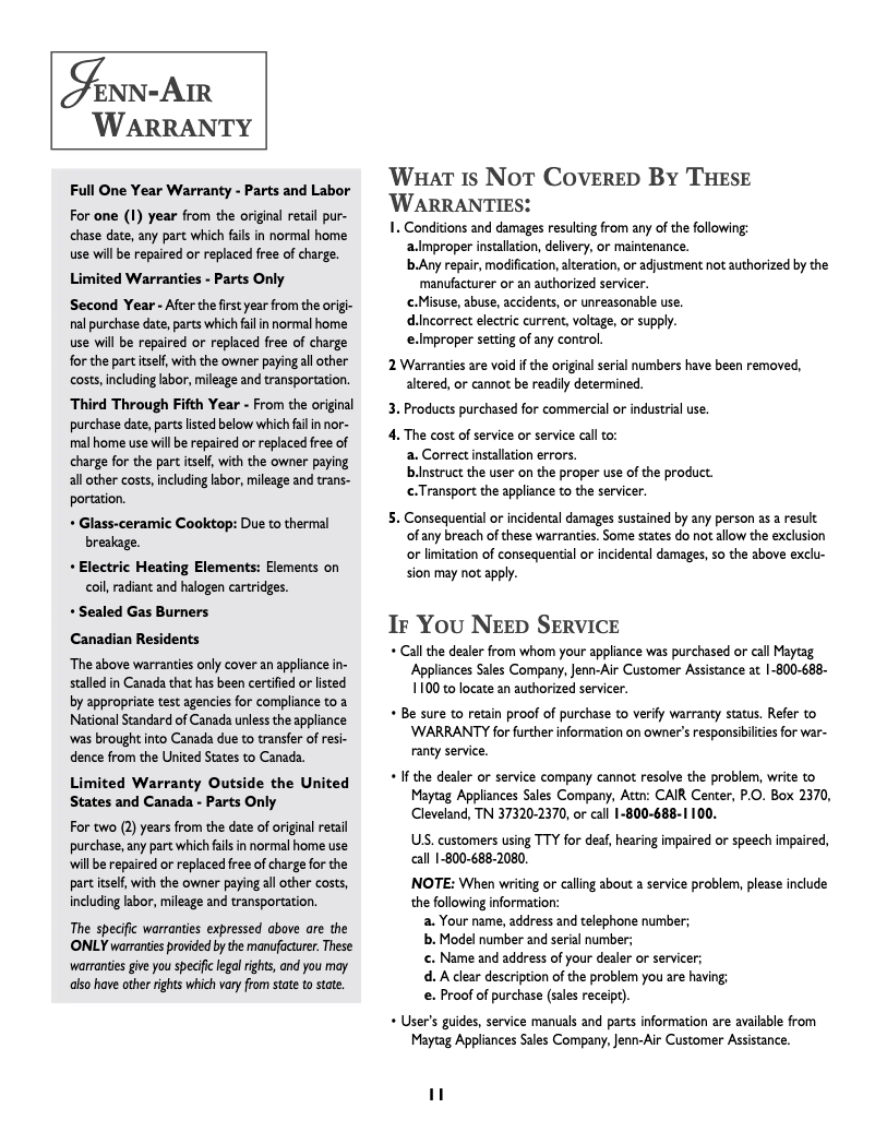 Page n°1 - Informations de garantie JennAir AR141B
