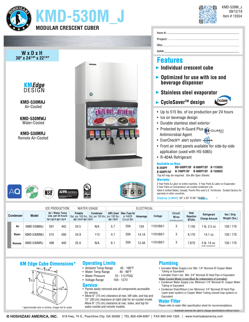 Page n°1 - Fiche technique Hoshizaki KMD-530MAH