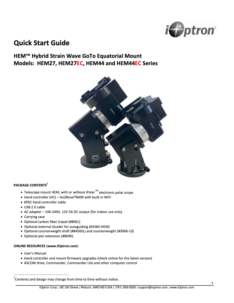 Page n°1 - Guide de démarrage rapide iOptron HEM27EC