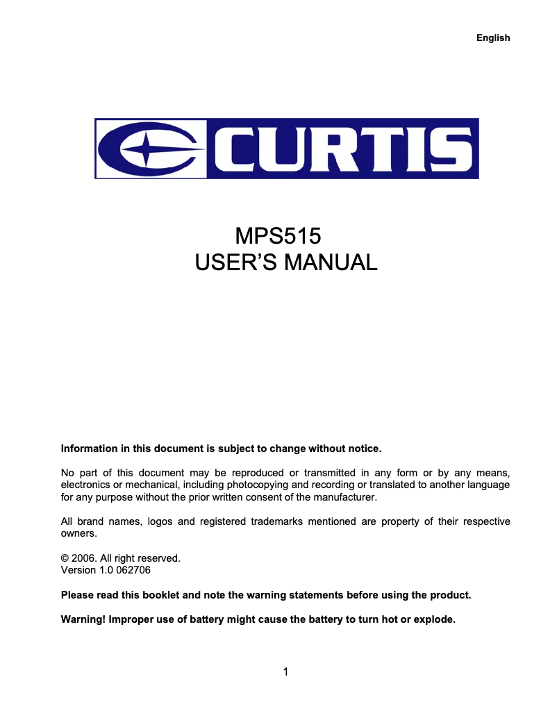 Page 1 de la notice Manuel utilisateur Curtis MPS515