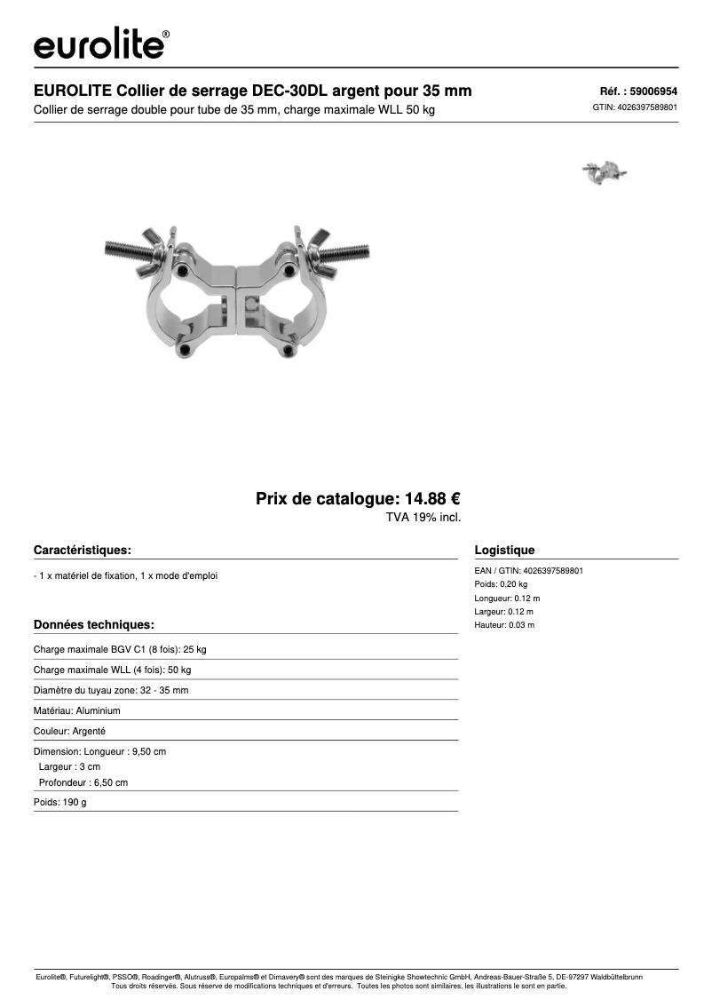 Page 1 de la notice Fiche technique Eurolite DEC-30DL