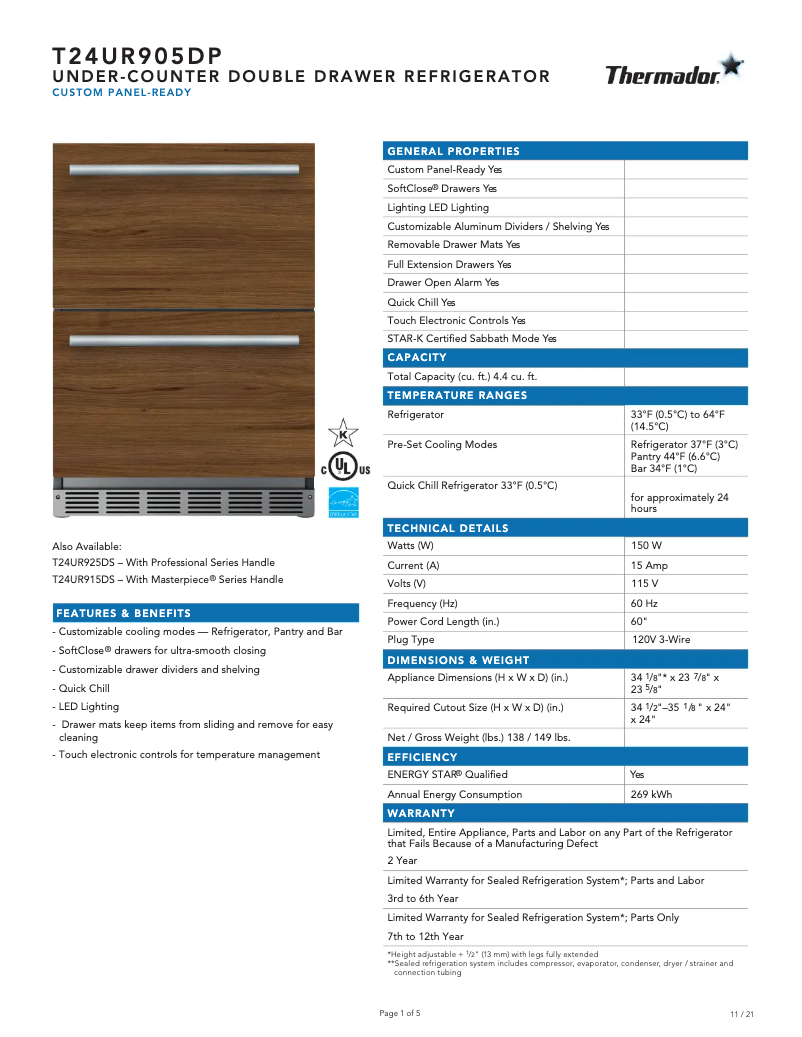 Page n°1 - Fiche technique Thermador T24UR905DP