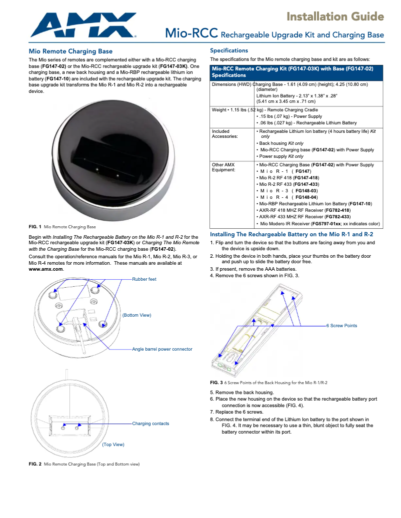 Page 1 de la notice Manuel utilisateur AMX MIO-RCC-KIT