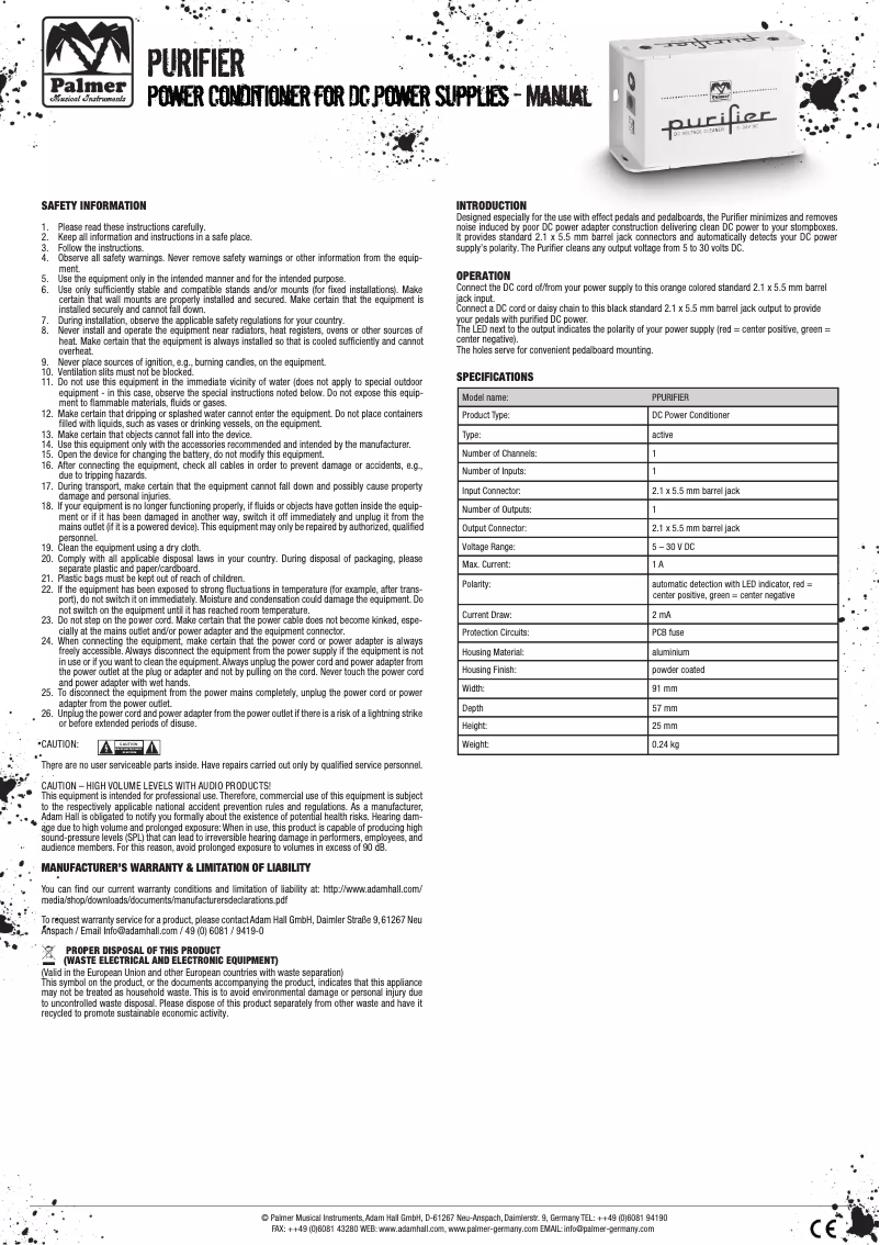 Página 1 del manual Manual de usuario Palmer Purifier