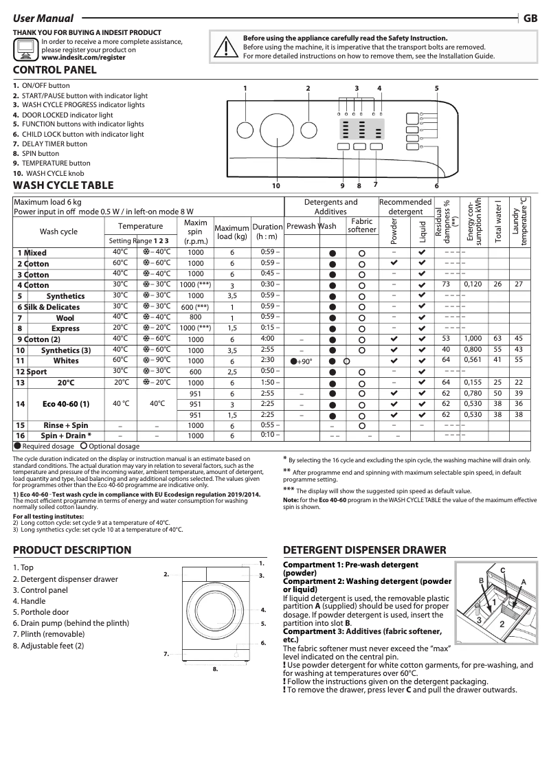 Page n°1 - Manuel d'utilisation et d'entretien Indesit MTWSA 61053 W EE