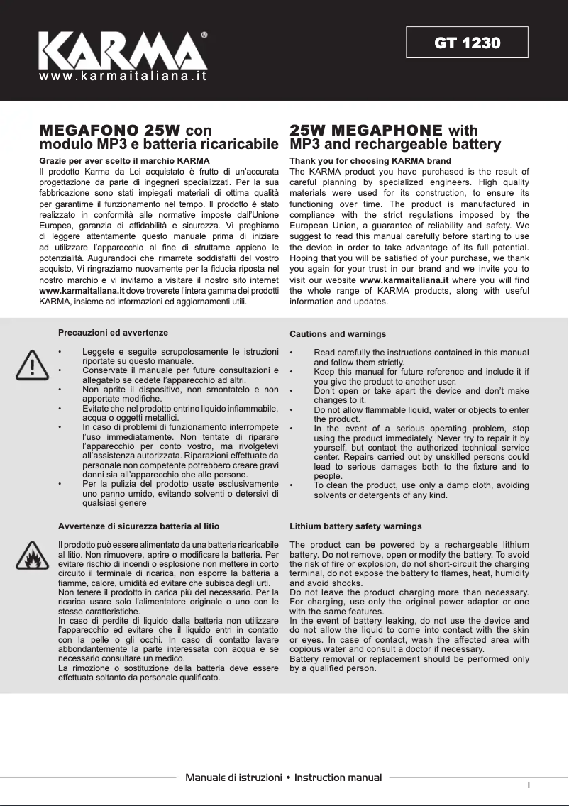 Page 1 de la notice Manuel utilisateur Karma GT 1230