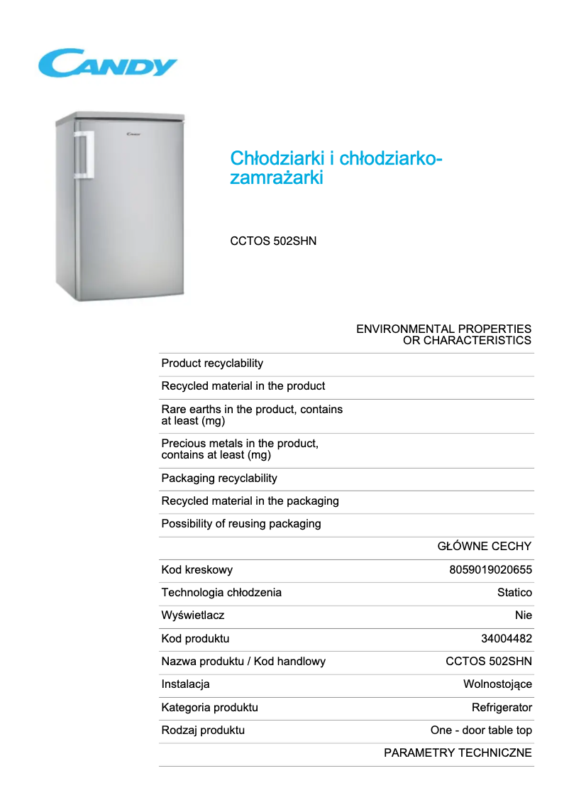 Page 1 de la notice Fiche technique Candy CCTOS 502SHN