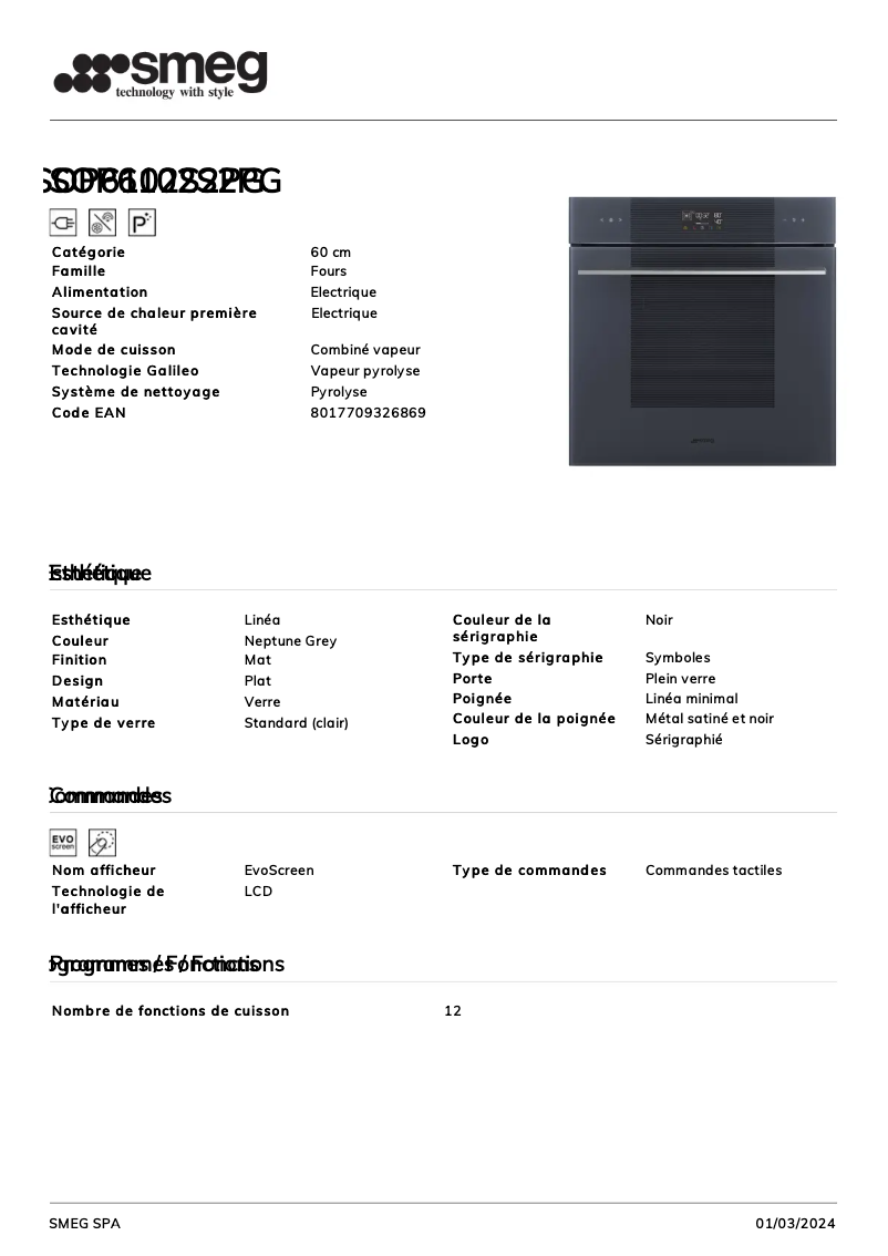 Page 1 de la notice Fiche technique Smeg SOP6102S2PG