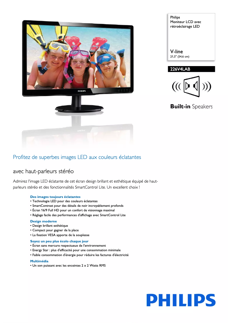 Page 1 de la notice Fiche technique Philips 226V4LAB