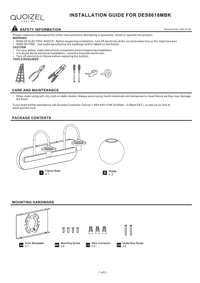 Page 1 de la notice Manuel utilisateur Quoizel Desmond DES8618MBK
