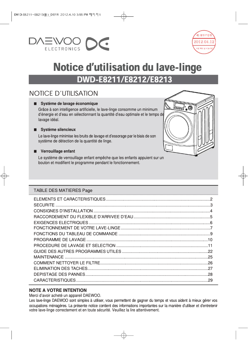 Page n°1 - Manuel utilisateur Daewoo DWD-E8213