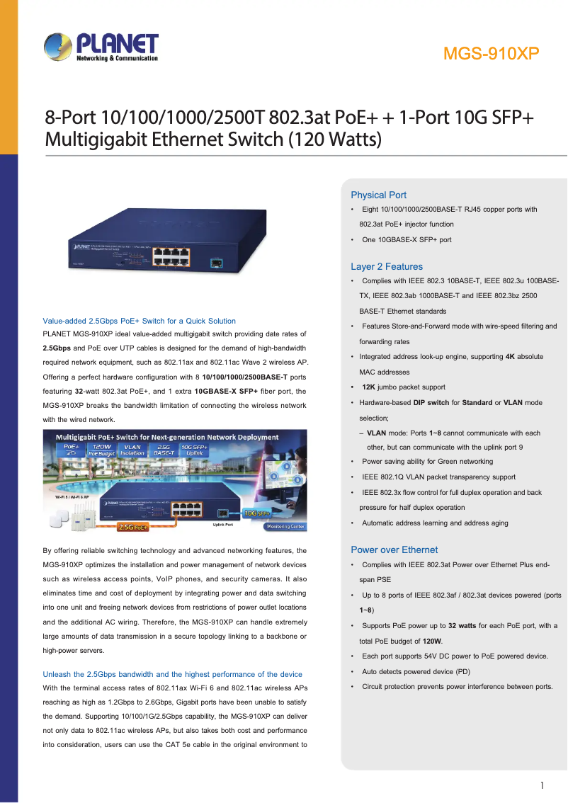 Page 1 de la notice Fiche technique Planet MGS-910XP