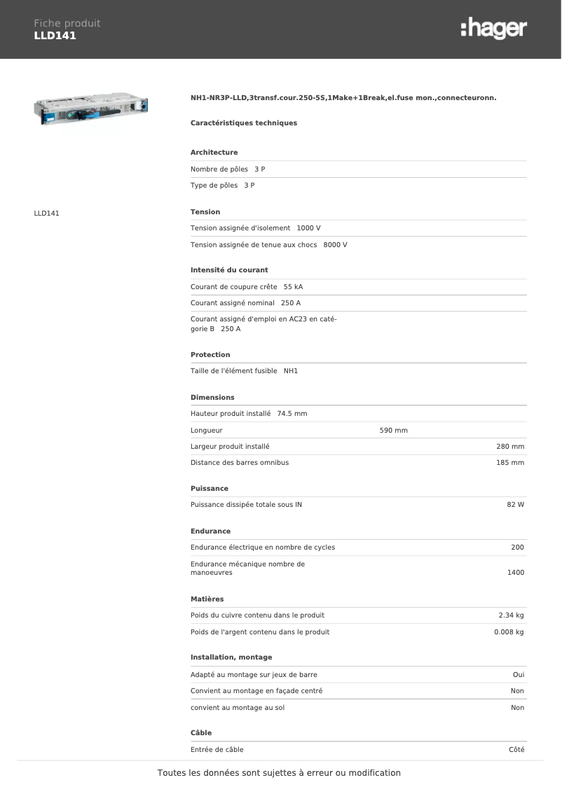 Page 1 de la notice Fiche technique Hager LLD141