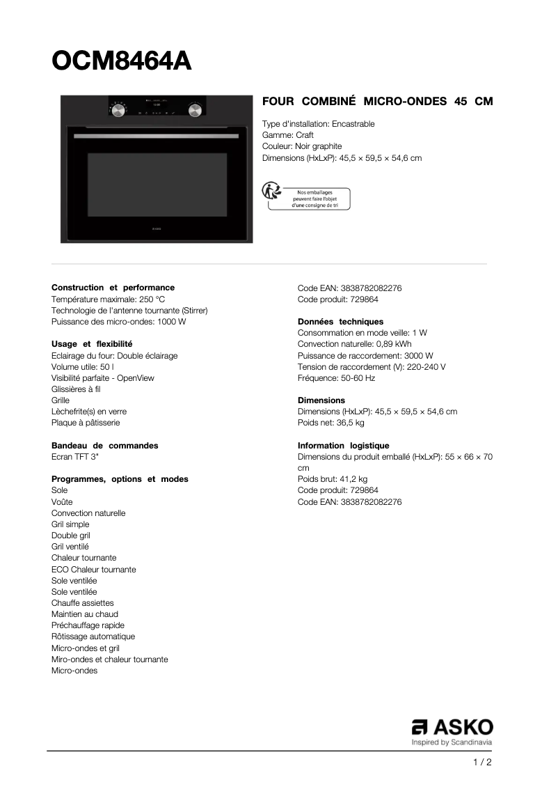 Page 1 de la notice Fiche technique Asko OCM8464A