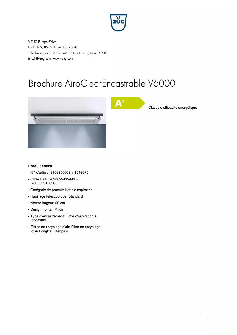 Page 1 de la notice Brochure V-Zug AiroClearEncastrable V6000