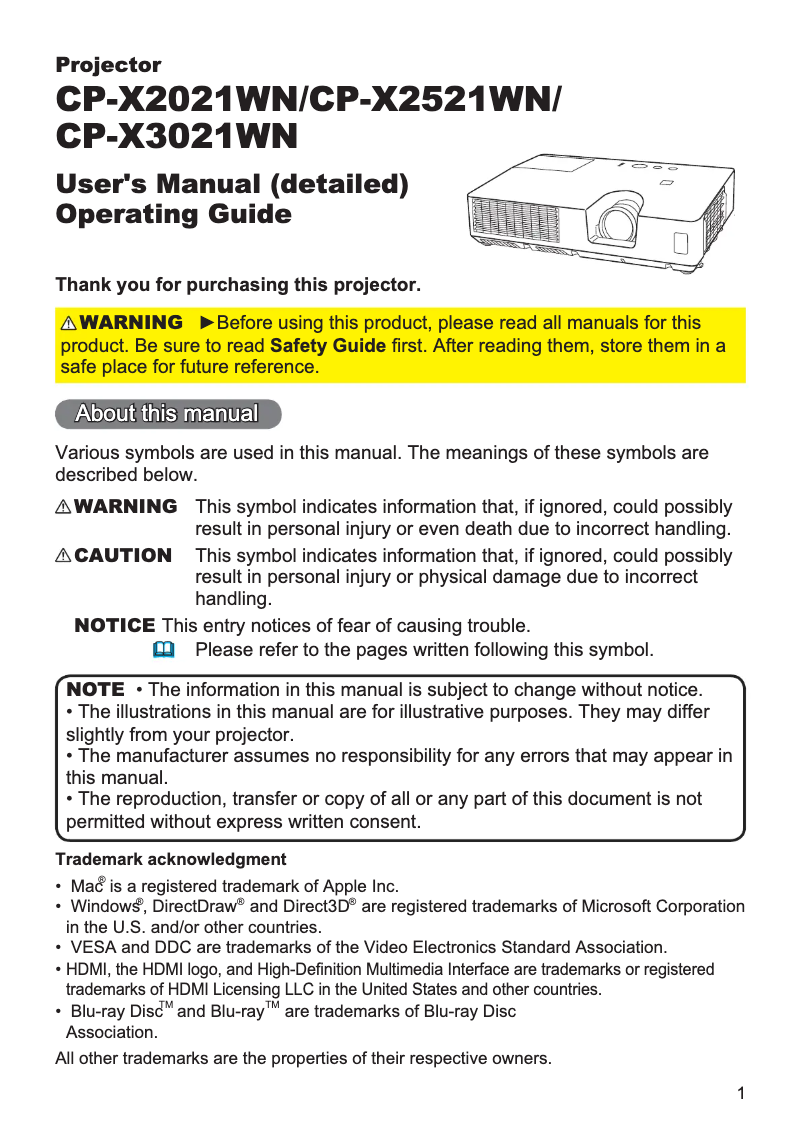 Page 1 de la notice Manuel utilisateur Hitachi CP-X2021WNEF