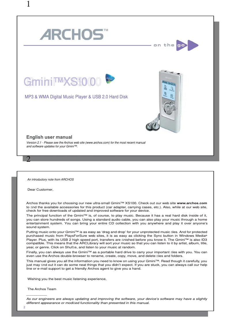 Image de la première page du manuel de l'appareil Gmini XS100