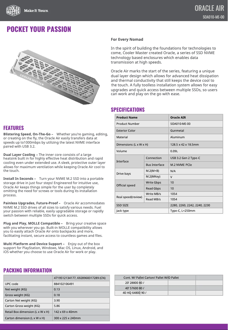 Page n°1 - Fiche technique Cooler Master Oracle Air