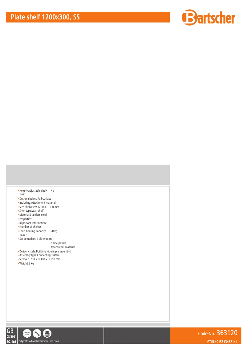 Page n°1 - Fiche technique Bartscher 363120