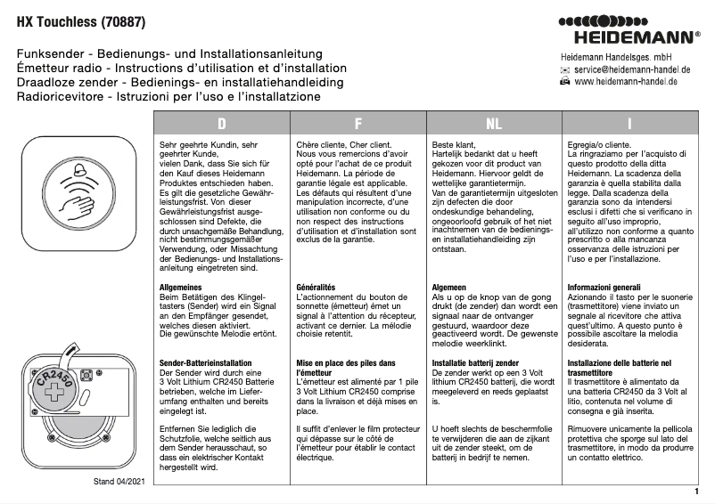 Page 1 de la notice Manuel utilisateur Heidemann HX Touchless 70887