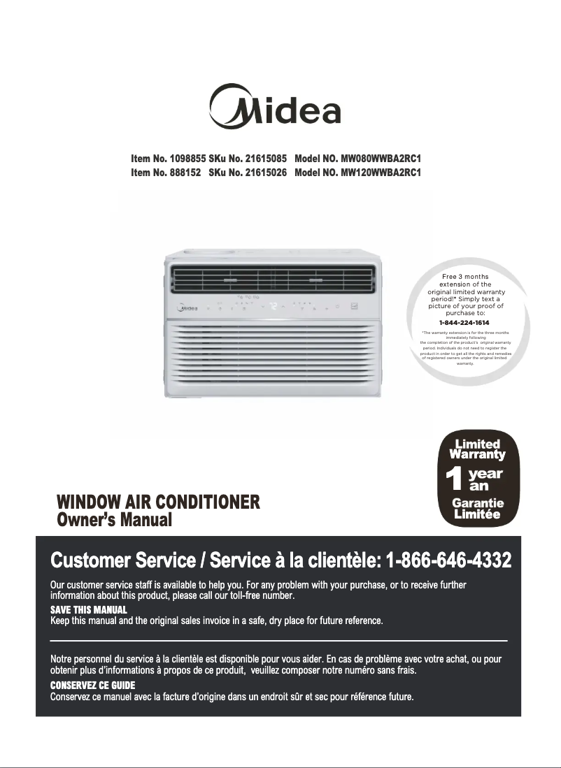 Page 1 de la notice Manuel utilisateur Midea MW080WWBA2RC1