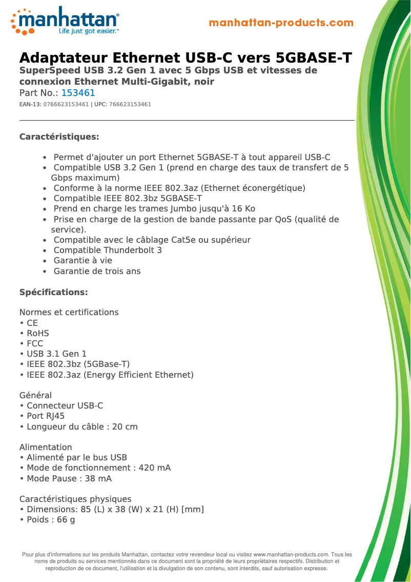 Page 1 de la notice Fiche technique Manhattan USB-C to 5GBASE-T Ethernet 153461