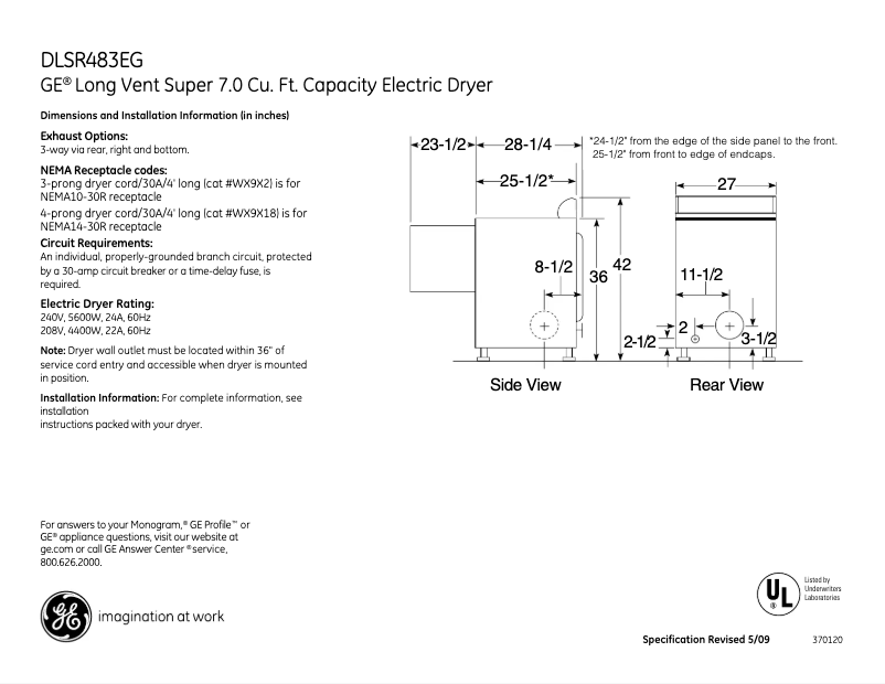 Page n°1 - Fiche technique GE DLSR483EGWW