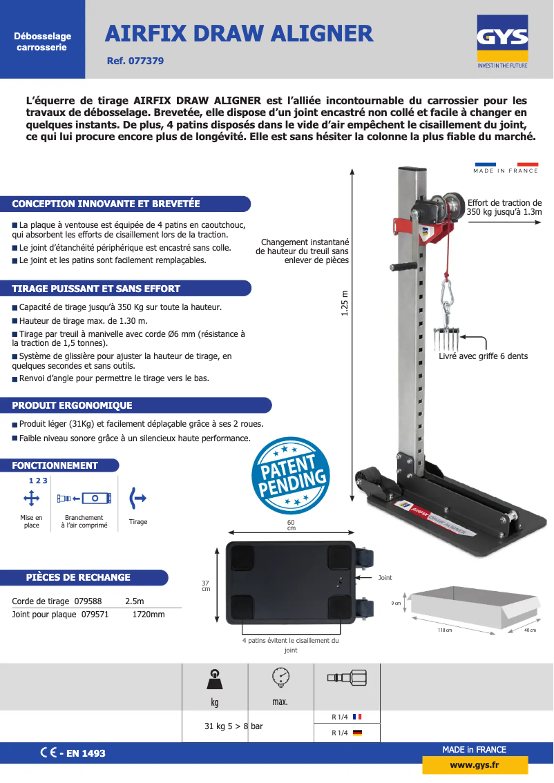 Page 1 de la notice Fiche technique GYS Airfix Draw Aligner