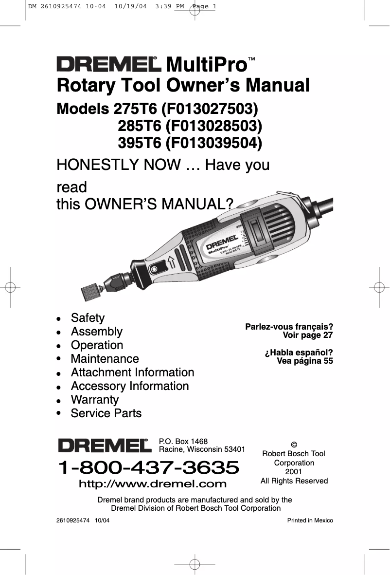 Page 1 de la notice Manuel utilisateur Dremel 276T6