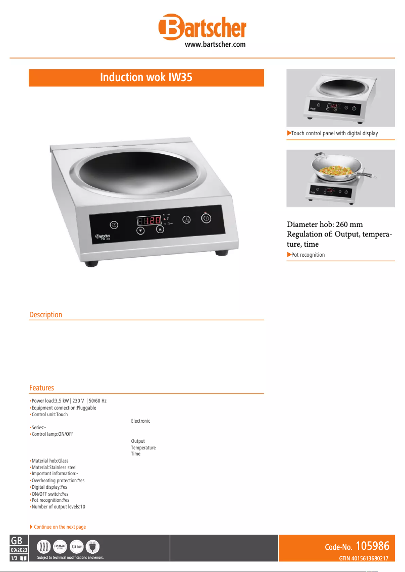 Page 1 de la notice Fiche technique Bartscher IW35