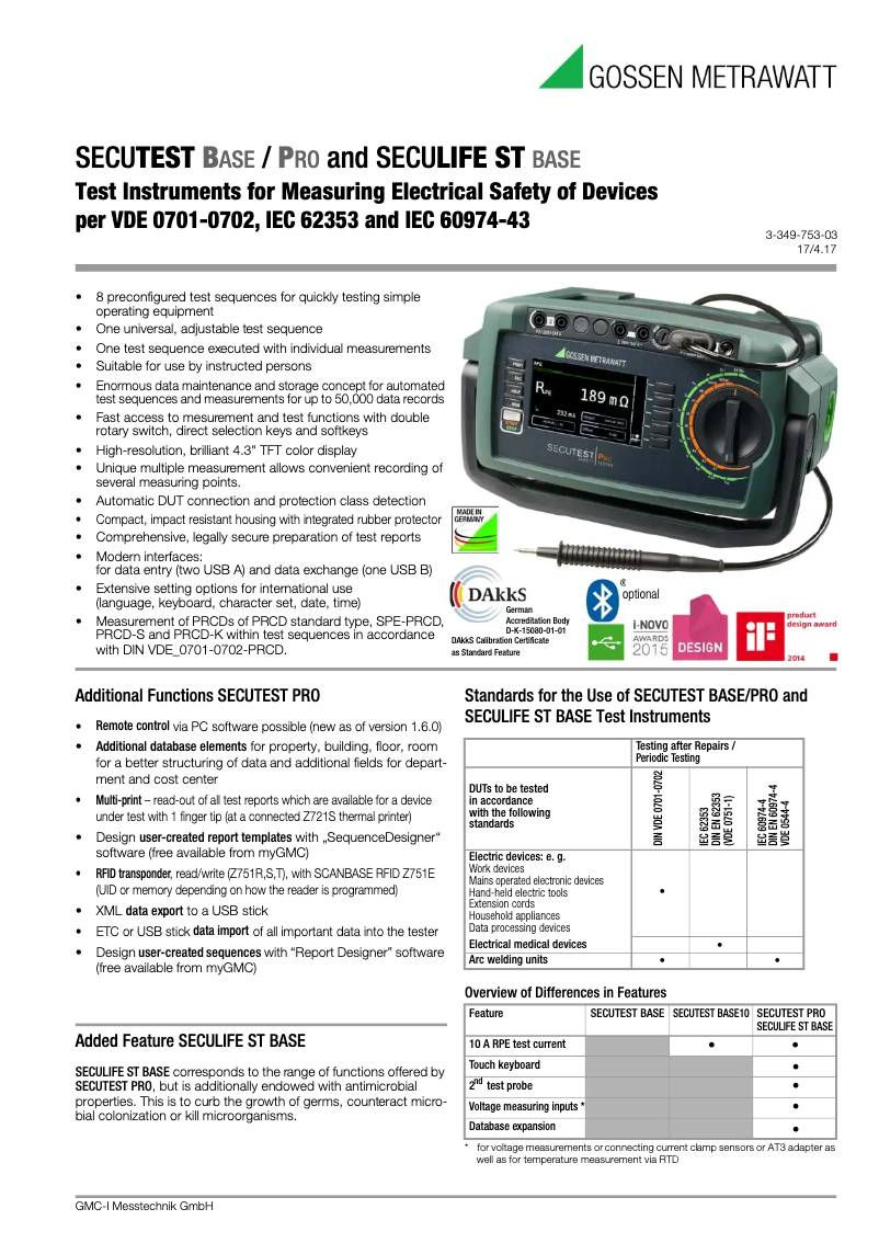 Página 1 del manual Ficha técnica Gossen Metrawatt SECUTEST BASE