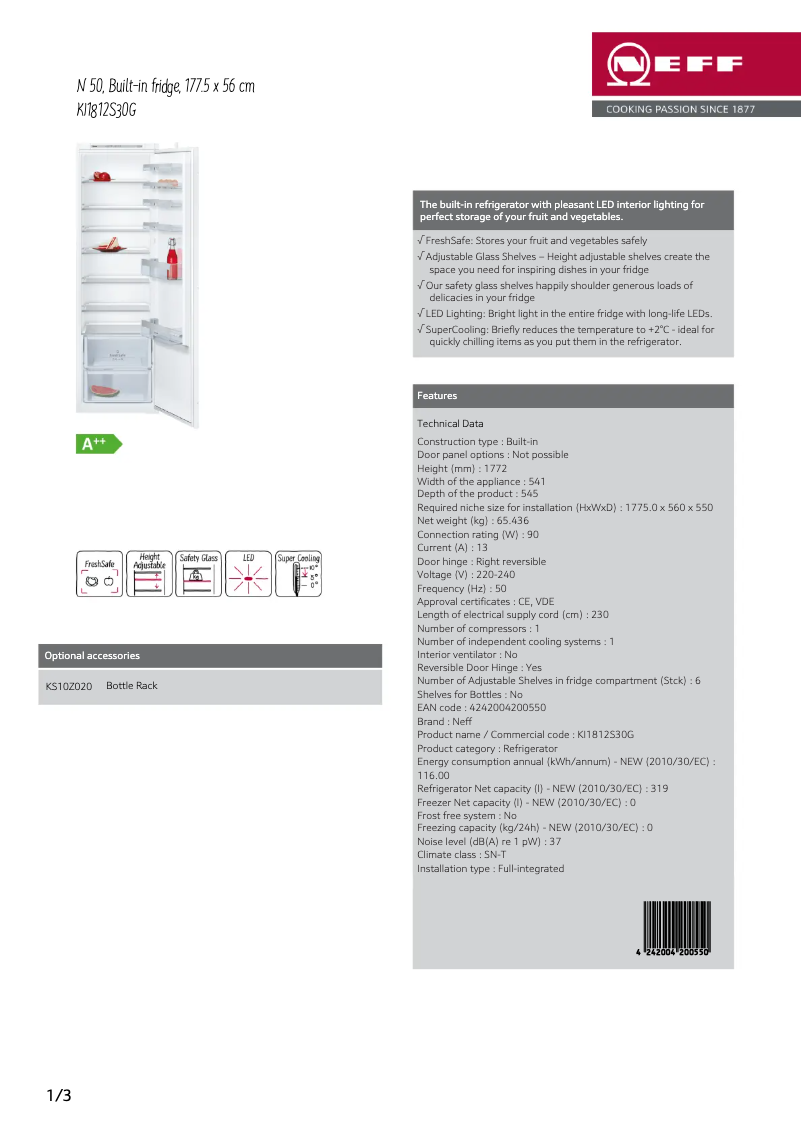 Page 1 de la notice Fiche technique Neff KI1812S30G