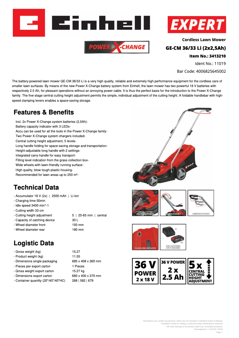 Page n°1 - Fiche technique Einhell GE-CM 36/33 Li