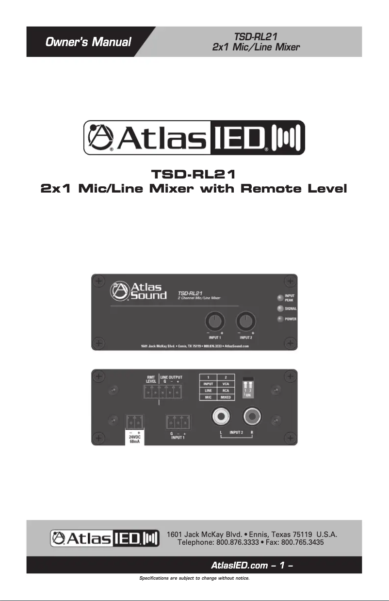 Page 1 de la notice Manuel utilisateur Atlas Sound TSD-RL21