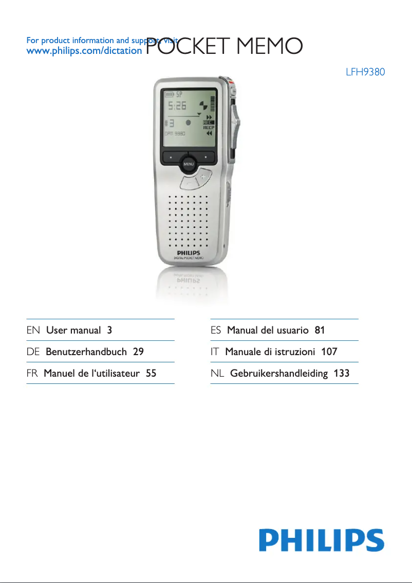 Page 1 de la notice Manuel utilisateur Philips Pocket Memo LFH9398