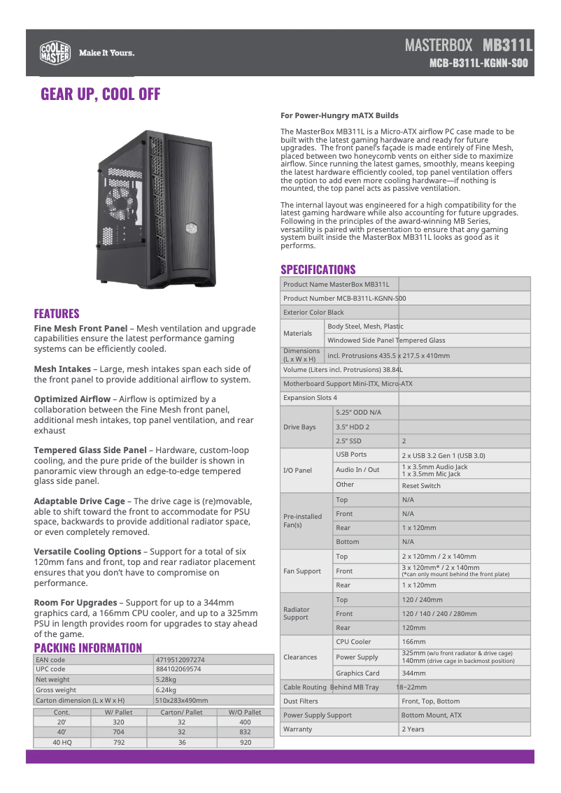 Page 1 de la notice Manuel utilisateur Cooler Master MasterBox MB311L