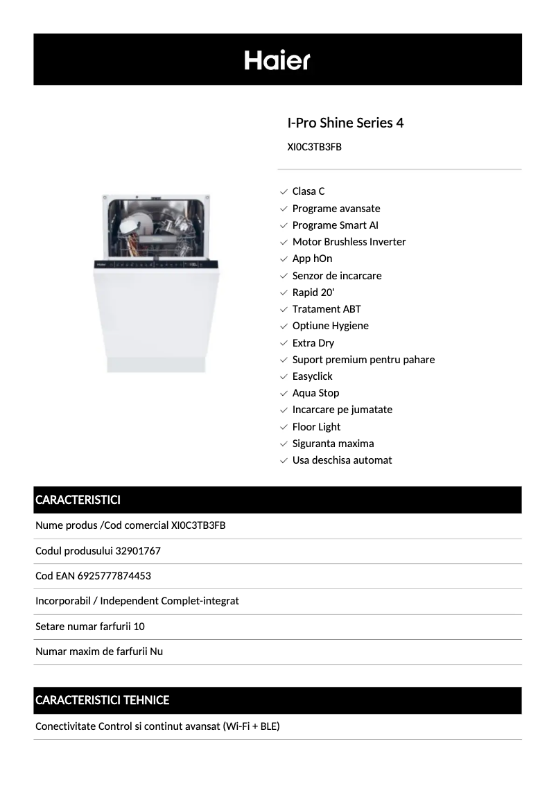 Page 1 de la notice Fiche technique Haier XI0C3TB3FB