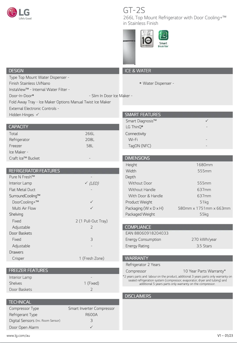 Page 1 de la notice Fiche technique LG GT-2S
