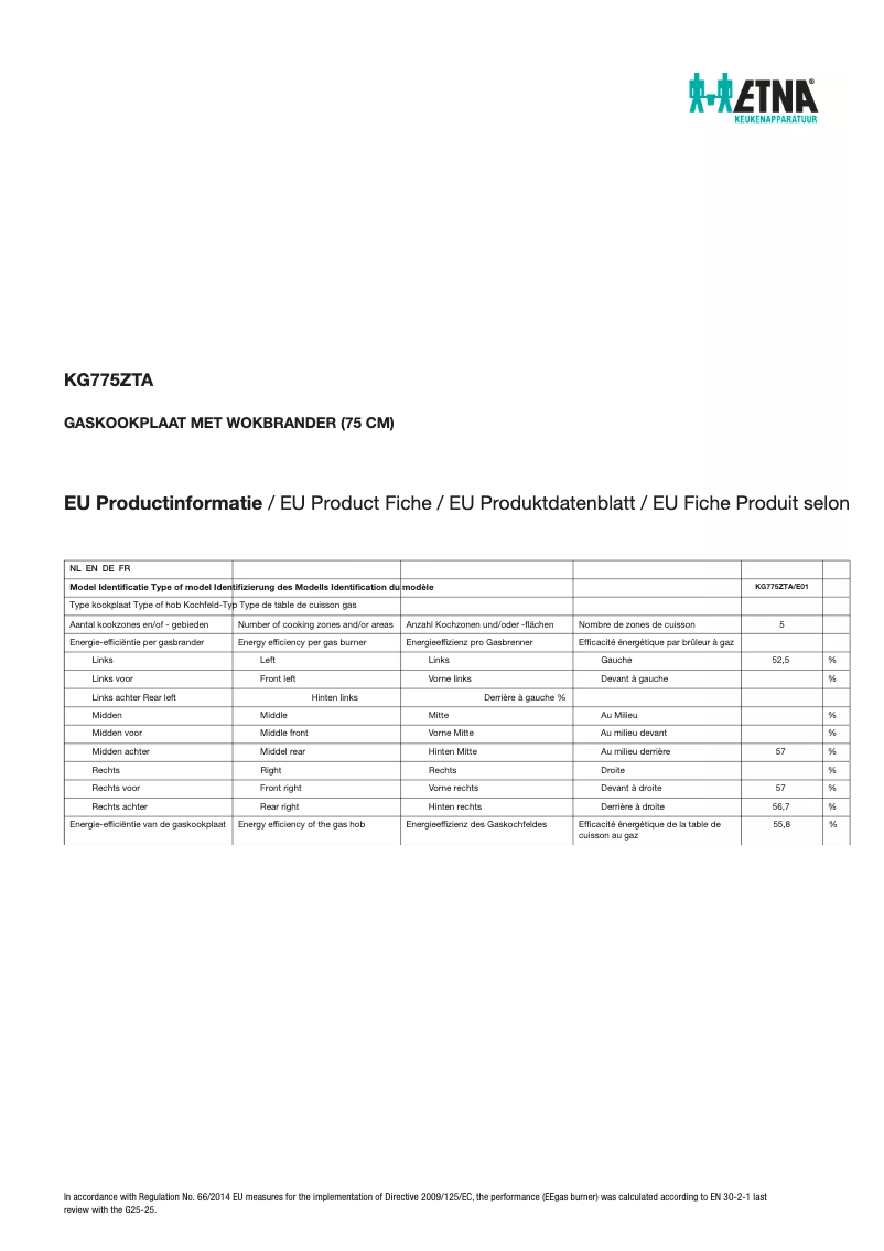Page 1 de la notice Fiche technique Etna KG775ZTA