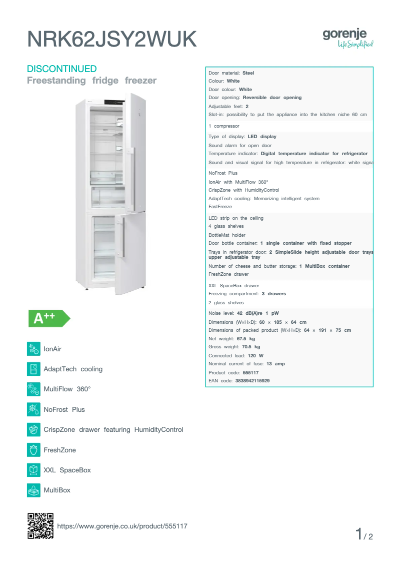 Page 1 of the manual Technical Sheet Gorenje NRK62JSY2WUK