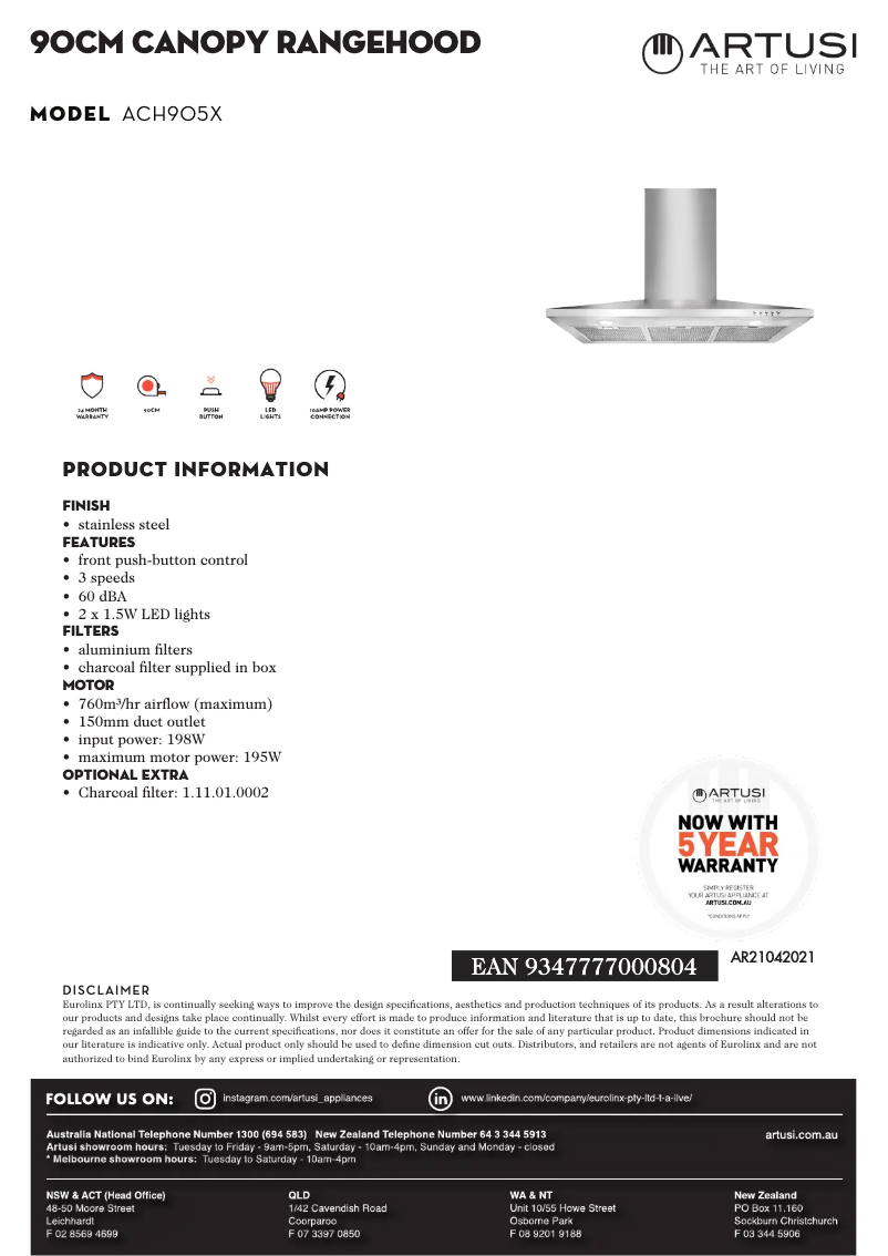 Page 1 de la notice Fiche technique Artusi ACH905X