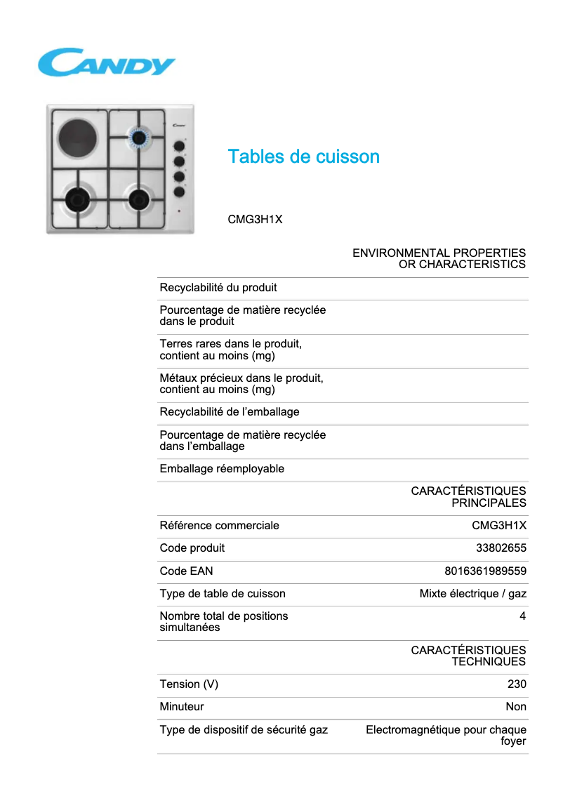 Page 1 de la notice Fiche technique Candy CMG3H1X