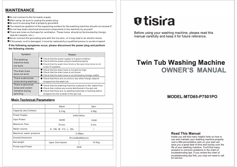 Page 1 de la notice Manuel utilisateur Tisira MTD65-P7501PO