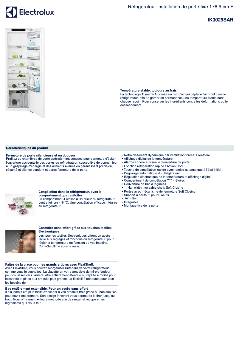 Page 1 de la notice Fiche technique Electrolux IK3029SAR