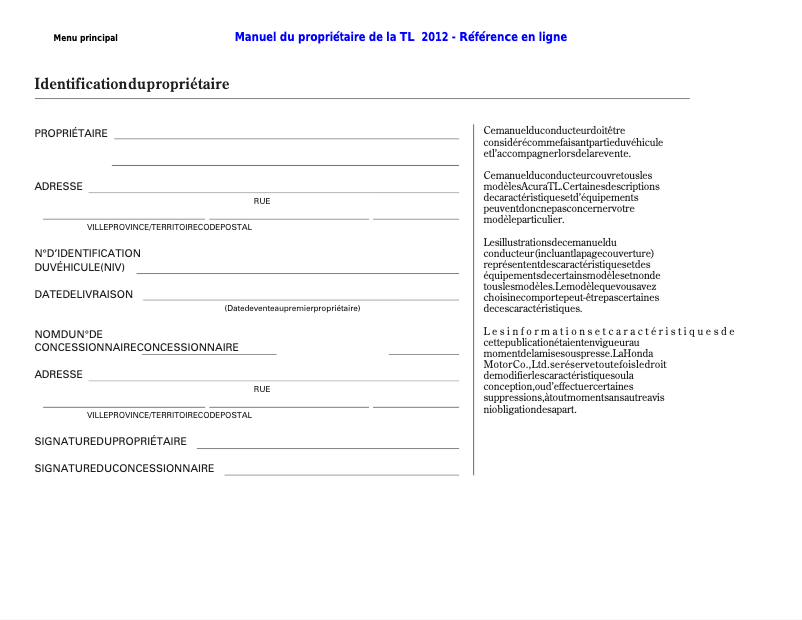 Page 1 de la notice Manuel utilisateur Acura TL (2012)