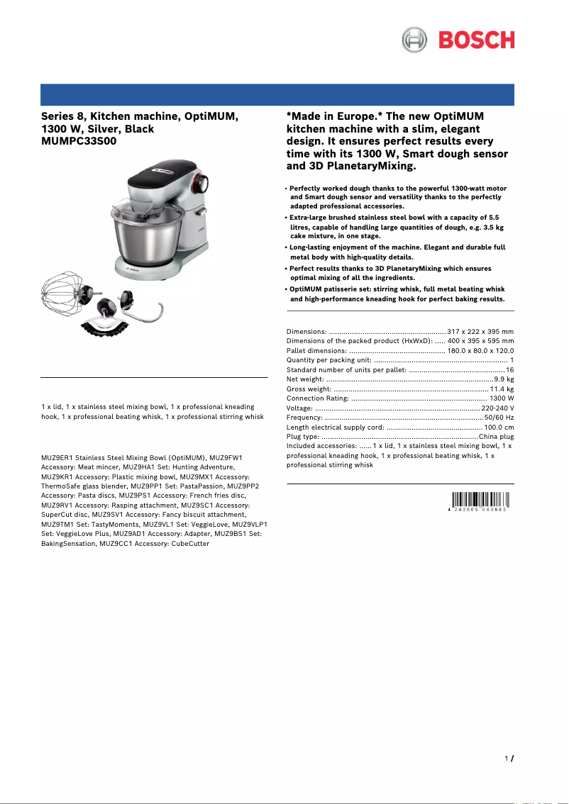 Page 1 de la notice Fiche technique Bosch OptiMUM MUMPC33S00